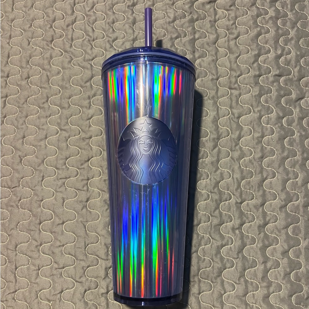 Starbucks Holographic Rainbow Cold Cup with Purple Lid and Straw